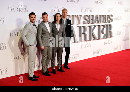 (left to right) Michael Auger, Matt Pagan, Thomas J Redgrave and Jamie Lambert of Collabro arriving for the Fifty Shader Darker European Premiere held at Odeon Leicester Square, London. Stock Photo