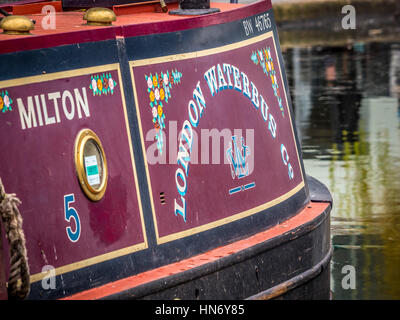 London Waterbus Company sign painted on side of canal boat Stock Photo