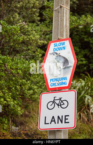 Penguins Crossing sign, Wellington, New Zealand Stock Photo