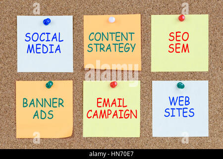 Concept of digital marketing plan on colored sticky notes pinned to a cork board at the office Stock Photo