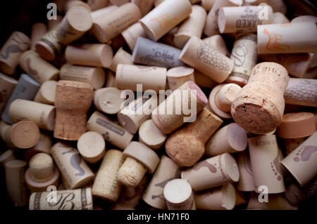 Extreme close-up of a collection of wine corks. Stock Photo