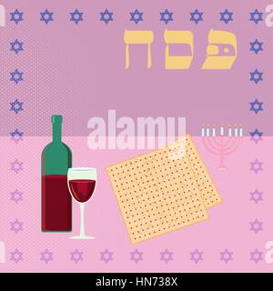 Happy Passover background traditional matzoh, menorah and wine. Vector illustration for greeting card, promotion, poster, flier. Stock Vector