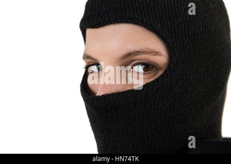Portrait of confident female hacker against white background Stock Photo