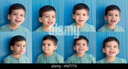 Eight portraits of a funny child with diferents expresions on blue  background Stock Photo - Alamy