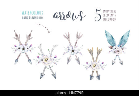 Watercolor colorful ethnic set of arrows, teepee and flowers in native ...