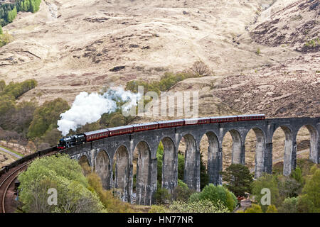 Steam train The Jacobite passes over Glenfinnan Viaduct at Glenfinnan Highland Scotland Stock Photo