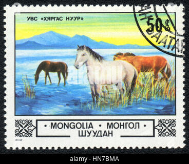 A postage stamp printed in Mongolia   shows  a watering place for horses , series, circa 1982 Stock Photo
