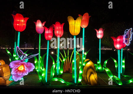 DUBAI, UAE - DEC 6, 2016: Beautiful installations at the Dubai Garden Glow family theme park illuminated at night. United Arab Emirates, Middle East Stock Photo