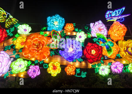 DUBAI, UAE - DEC 6, 2016: Beautiful installations at the Dubai Garden Glow family theme park illuminated at night. United Arab Emirates, Middle East Stock Photo