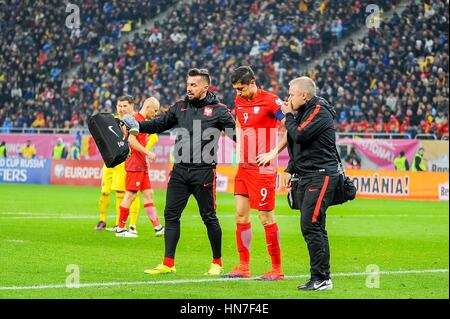 November 12, 2016: Robert Lewandowski #9 of Poland National Team immediately after a petard exploded near him  during the  World Cup qualifying campaign 2018 game between Romania and Poland at National Arena Stadium, Bucharest,  Romania ROU. Foto: Cristian Stavri/ SportAction.ro |Copyright: CronosFoto/Cristian Stavri| Stock Photo