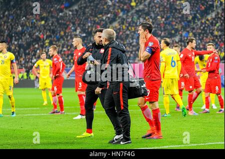 November 12, 2016: Robert Lewandowski #9 of Poland National Team immediately after a petard exploded near him  during the  World Cup qualifying campaign 2018 game between Romania and Poland at National Arena Stadium, Bucharest,  Romania ROU. Foto: Cristian Stavri/ SportAction.ro |Copyright: CronosFoto/Cristian Stavri| Stock Photo