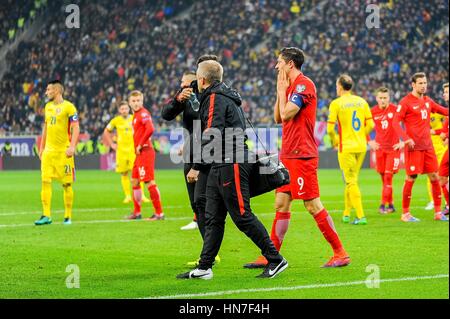 November 12, 2016: Robert Lewandowski #9 of Poland National Team immediately after a petard exploded near him  during the  World Cup qualifying campaign 2018 game between Romania and Poland at National Arena Stadium, Bucharest,  Romania ROU. Foto: Cristian Stavri/ SportAction.ro |Copyright: CronosFoto/Cristian Stavri| Stock Photo