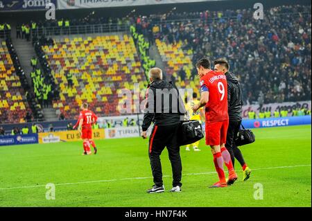 November 12, 2016: Robert Lewandowski #9 of Poland National Team immediately after a petard exploded near him  during the  World Cup qualifying campaign 2018 game between Romania and Poland at National Arena Stadium, Bucharest,  Romania ROU. Foto: Cristian Stavri/ SportAction.ro |Copyright: CronosFoto/Cristian Stavri| Stock Photo