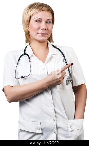 Doctor Point Woman Middle aged woman doctor pointing at blank laptop screen in healthcare ...