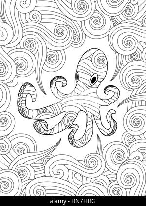 Coloring page with ornate octopus in waves. Vertical composition. Stock Vector