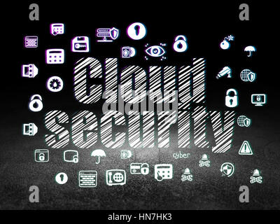 Safety concept: Glowing text Cloud Security,  Hand Drawn Security Icons in grunge dark room with Dirty Floor, black background Stock Photo