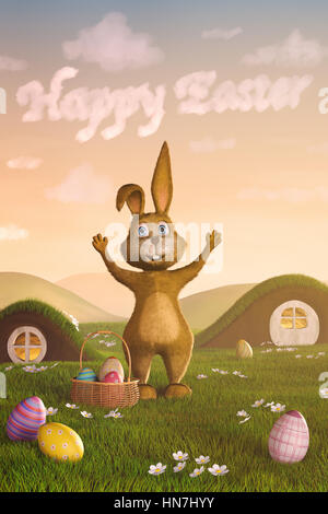 A cute Easter bunny surrounded by Easter eggs. The words 'Happy Easter' have formed in the sky by clouds. Stock Photo
