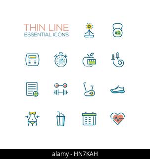 Diet and Fitness - Thin Single Line Icons Set Stock Vector