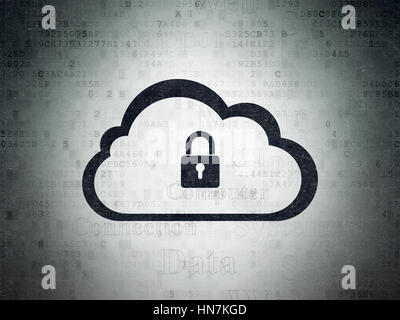 Cloud technology concept: Painted black Cloud With Padlock icon on Digital Data Paper background with  Tag Cloud Stock Photo