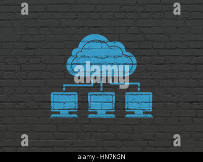Cloud computing concept: Painted blue Cloud Network icon on Black Brick wall background Stock Photo