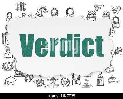 Law concept: Painted green text Verdict on Torn Paper background with  Hand Drawn Law Icons Stock Photo