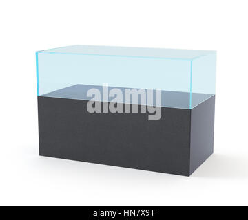 An empty square glass display case with a wooden base on an isolated ...
