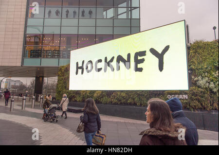 Westfield, London, UK. 9th Feb, 2017. On the day Tate Britain's David Hockney exhibition opens to the public, Tate will show the European premiere of Untitled, 382, an iPad painting depicting Hockney's Los Angeles garden, on its largest ever digital canvas. - a huge screen more than 50m square outside Westfield in Shepherd's Bush. Credit: Malcolm Park editorial/Alamy Live News Stock Photo