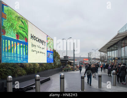 Westfield, London, UK. 9th Feb, 2017. On the day Tate Britain's David Hockney exhibition opens to the public, Tate will show the European premiere of Untitled, 382, an iPad painting depicting Hockney's Los Angeles garden, on its largest ever digital canvas. - a huge screen more than 50m square outside Westfield in Shepherd's Bush. Credit: Malcolm Park editorial/Alamy Live News Stock Photo