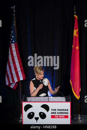 New York, USA. 8th Feb, 2017. U.S. Congresswoman and advocate of 'The Pandas Are Coming to NYC' Carolyn Maloney addresses Black & White Panda Ball in New York City, the United States, on Feb. 8, 2017. The Black & White Panda Ball was hosted here Wednesday by 'The Pandas Are Coming to NYC', a registered non-profit charity dedicated to bringing two breed-able Giant Pandas to New York City, in an effort to raise funds to build a freestanding Panda Pavilion and Habitat in Central Park in New York City. Credit: Li Rui/Xinhua/Alamy Live News Stock Photo