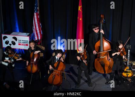 New York, USA. 8th Feb, 2017. Members of Joyous String ensemble perform at Black & White Panda Ball in New York City, the United States, on Feb. 8, 2017. The Black & White Panda Ball was hosted here Wednesday by 'The Pandas Are Coming to NYC', a registered non-profit charity dedicated to bringing two breed-able Giant Pandas to New York City, in an effort to raise funds to build a freestanding Panda Pavilion and Habitat in Central Park in New York City. Credit: Li Rui/Xinhua/Alamy Live News Stock Photo