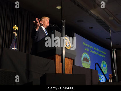 Washington DC, USA. 8th February 2017. United States President Donald Trump makes remarks to the Major Cities Chiefs Association (MCCA) Winter Meeting at the JW Marriott Hotel in Washington, DC, February 8, 2017. Credit: Chris Kleponis/Pool via CNP - NO WIRE SERVICE - Photo: Chris Kleponis/Consolidated/Pool/dpa/Alamy Live News Stock Photo