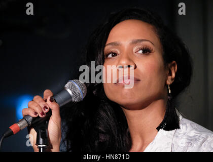 Hamburg, Germany. 09th Feb, 2017. Singer Y'akoto seen on stage of Cafe Paris in Hamburg, Germany, 09 February 2017. Y'akoto is presenting her third album entitled 'Mermaid Blues.' Photo: Axel Heimken/dpa/Alamy Live News Stock Photo