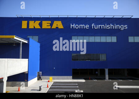 Burbank, CA, USA. 1st Feb, 2017. The IKEA logo is displayed outside the new multi floor parking lot levels of the IKEA Burbank Home Furnishings store on Wednesday, February 1, 2017 in Burbank, Calif. The 456,000 square foot furniture store on San Fernando is the largest in the US and features a restaurant with seating for 600 customers © 2017 Patrick T. Fallon Credit: Patrick Fallon/ZUMA Wire/Alamy Live News Stock Photo