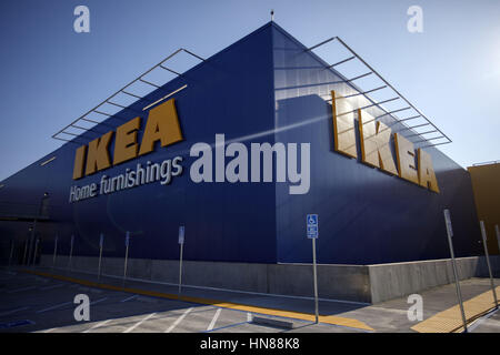 Burbank, CA, USA. 1st Feb, 2017. The IKEA logo is displayed outside the new IKEA Burbank Home Furnishings store on Wednesday, February 1, 2017 in Burbank, Calif. The 456,000 square foot furniture store on San Fernando is the largest in the US and features a restaurant with seating for 600 customers © 2017 Patrick T. Fallon Credit: Patrick Fallon/ZUMA Wire/Alamy Live News Stock Photo