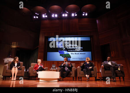 Los Angeles, CA, USA. 29th Feb, 2016. Joseph Okpaku, VP Government Relations, Lyft, center, speaks as LA Times Reporter Laura Nelson, from left, Laura Lake, Board member of Fix the City, Seleta Reynolds, GM, LADOT, and Metro CEO Phillip A. Washington, right look on during the Los Angeles Times' ''The Road Ahead'' California Conversation transit panel at the Mark Taper Auditorium on Monday, February 29, 2016 in Los Angeles, Calif. © 2016 Patrick T. Fallon Credit: Patrick Fallon/ZUMA Wire/Alamy Live News Stock Photo