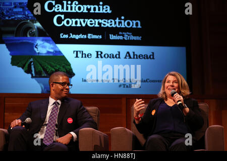 Los Angeles, CA, USA. 29th Feb, 2016. Seleta Reynolds, GM, LADOT, right, speaks as Joseph Okpaku, VP Government Relations, Lyft, looks on during the Los Angeles Times' ''The Road Ahead'' California Conversation transit panel at the Mark Taper Auditorium on Monday, February 29, 2016 in Los Angeles, Calif. © 2016 Patrick T. Fallon Credit: Patrick Fallon/ZUMA Wire/Alamy Live News Stock Photo