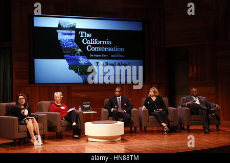 Los Angeles, CA, USA. 29th Feb, 2016. LA Times Reporter Laura Nelson, left, Laura Lake, Board member of Fix the City, Joseph Okpaku, VP Government Relations, Lyft, Seleta Reynolds, GM, LADOT, and Metro CEO Phillip A. Washington speaks during the Los Angeles Times' ''The Road Ahead'' California Conversation transit panel at the Mark Taper Auditorium on Monday, February 29, 2016 in Los Angeles, Calif. © 2016 Patrick T. Fallon Credit: Patrick Fallon/ZUMA Wire/Alamy Live News Stock Photo