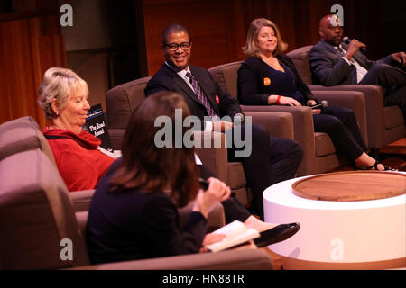 Los Angeles, CA, USA. 29th Feb, 2016. LA Times Reporter Laura Nelson, front, speaks as Laura Lake, Board member of Fix the City, Joseph Okpaku, VP Government Relations, Lyft, Seleta Reynolds, GM, LADOT, and Metro CEO Phillip A. Washington look on during the Los Angeles Times' ''The Road Ahead'' California Conversation transit panel at the Mark Taper Auditorium on Monday, February 29, 2016 in Los Angeles, Calif. © 2016 Patrick T. Fallon Credit: Patrick Fallon/ZUMA Wire/Alamy Live News Stock Photo