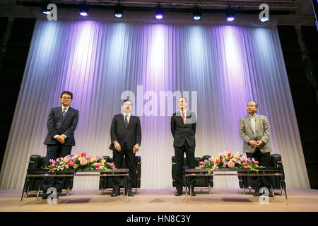 Tokyo, Japan. 10th February 2017. (L to R) Professional shogi player and chess FIDE Master Yoshiharu Habu, The University of Tokyo President Makoto Gonokami, Nobel Prize-winning stem cell researcher Shinya Yamanaka and SoftBank Group Corp. CEO Masayoshi Son, attend a special talk event called Young People Creating the Future on February 10, 2017, Tokyo, Japan. Top professionals of their fields discussed the future for young generations in this technological era. Credit: Rodrigo Reyes Marin/AFLO/Alamy Live News Stock Photo