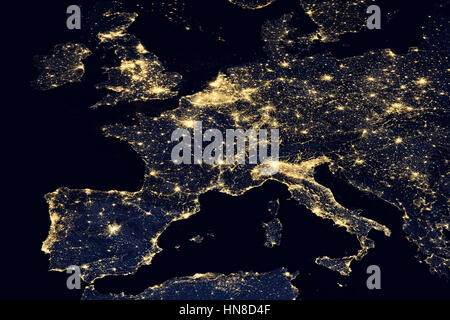 City lights on world map. Europe. Stock Photo