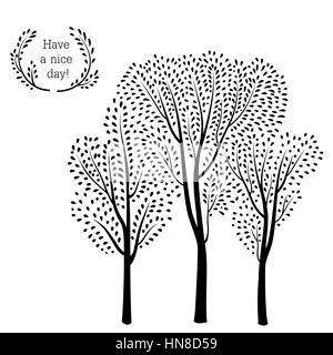 Autumn forest background. Fall leaves and trees card with floral frame. Have a nice day floral greeting card  with tree silhouette. Vector illustratio Stock Vector