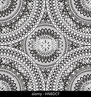 Abstract seamless pattern with circular ornament. Swirl geometric oriental doodle texture. Black and white engrave background. Stock Vector