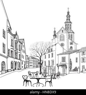 Street cafe in old city. Cityscape - houses, buildings and tree on alleyway. Old city view. Medieval european castle landscape. Pencil drawn vector sk Stock Vector