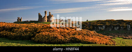 Summer blue skies, Dunstanburgh Castle, North Northumbrian Coast, Northumbria County, England, UK