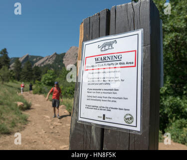 Mountain lion warning sign. Chautauqua Park. Boulder. Colorado. USA Stock Photo