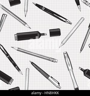 Pen set seamless pattern. Hand drawn vector. Pencils, pens and marker collection isolated over paper tiled background. Stock Vector