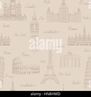 Travel seamless pattern. Vacation in Europe wallpaper. Travel to visit famous places of Europe background. Landmark tiled grunge pattern. Stock Vector