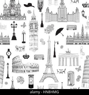 Travel seamless pattern. Vacation in Europe wallpaper. Travel to visit famous places of Europe background. Landmark tiled grunge pattern. Stock Vector