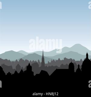 City skyline. Buildings silhouette cityscape. Old city street in arly morning. European landscape. Stock Vector