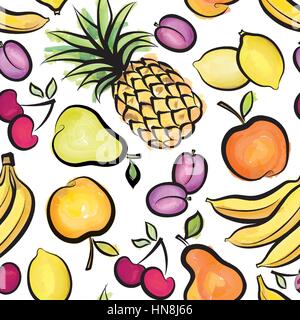 Fruits pattern. Abstract watrcolor seamless background with fruit and berry. Healthy food texture. Stock Vector